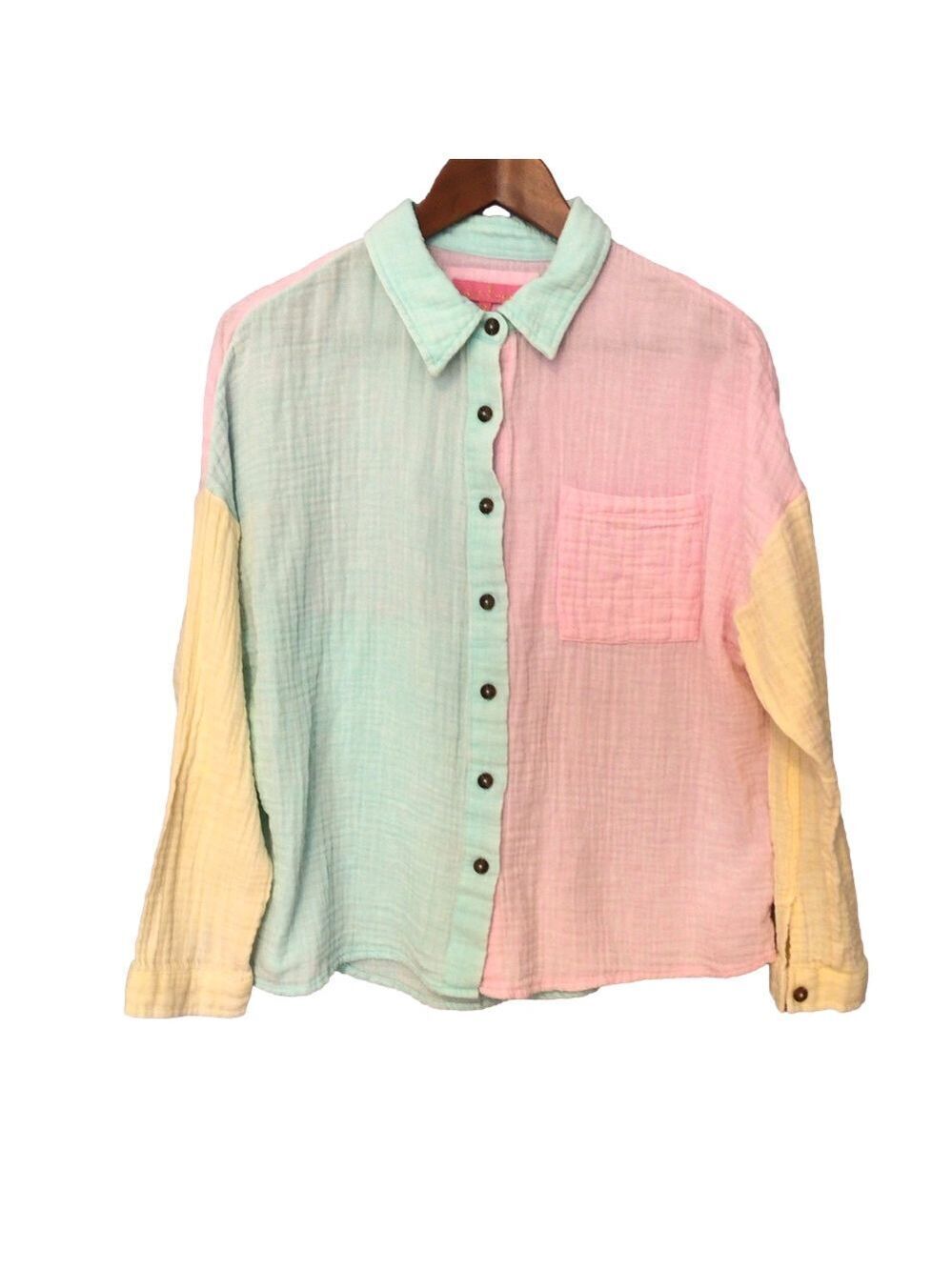 Simply Southern Color Block Gauze Button Down Pineapple Top – Medium - Picture 2 of 11